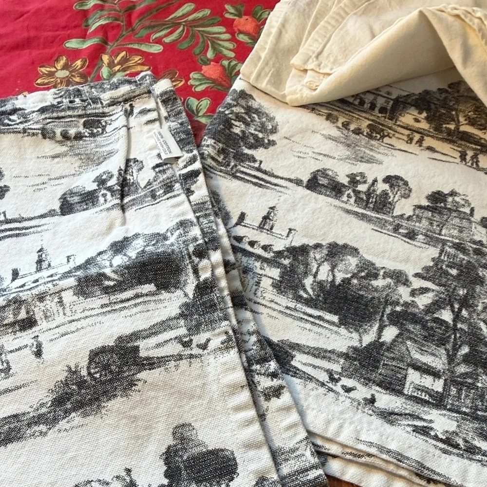 Set‎ of Decorative Kitchen Towels - Black & White Toile + Red Floral